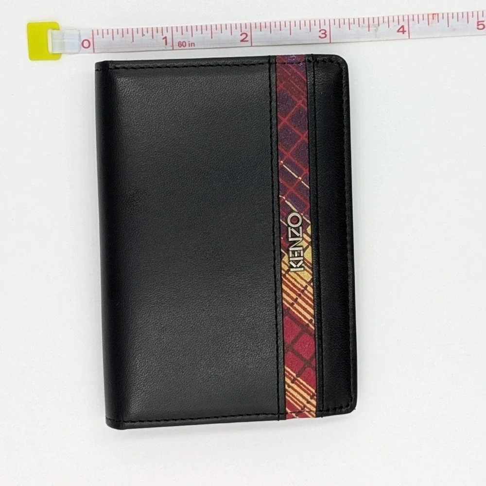 Kenzo Card Holder Wallet Black Leather Plaid Stripe Bifold Wallet ID Window New